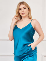 [Blågrønn] SilkSilky-NO Spaghetti Stropp V Hals Plus Size Camisoles 002
