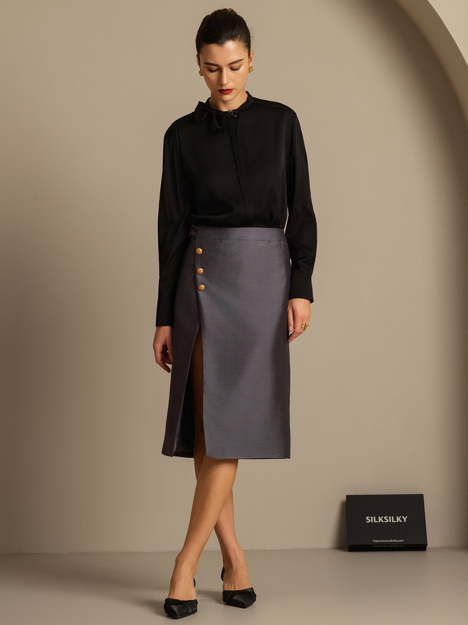 [Grå] SilkSilky-NO 32Momme Silk-Wool Blend Skirt 006,