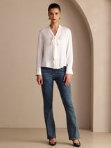 [Hvit] SilkSilky-NO Long Sleeve Tie Neck Damebluser 007