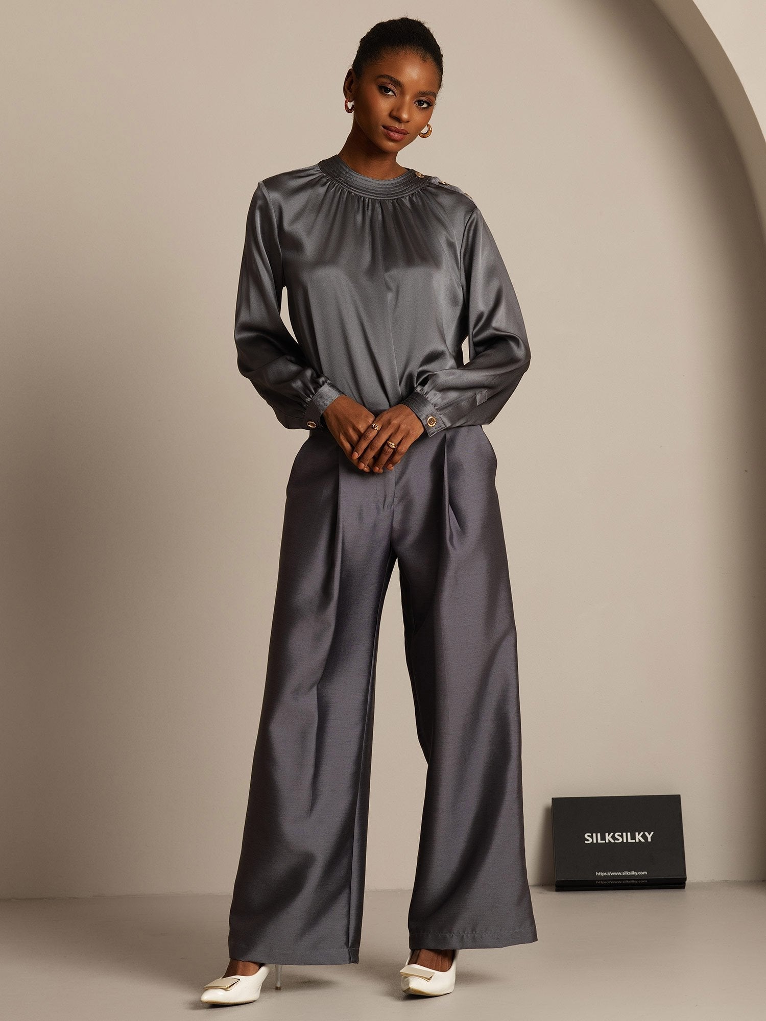 [Grå] SilkSilky-NO 32Momme Silk-Wool Blend Womens Pants 006,