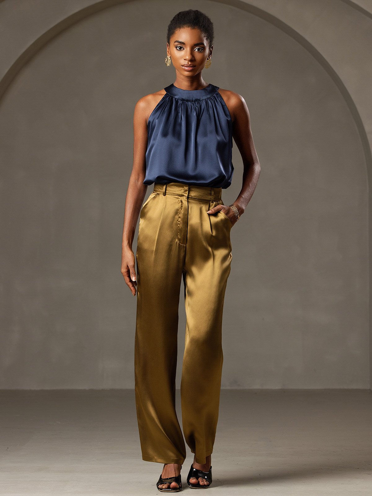 [Mørke blå] SilkSilky-NO 19Momme Silke Womens T-Shirt 007