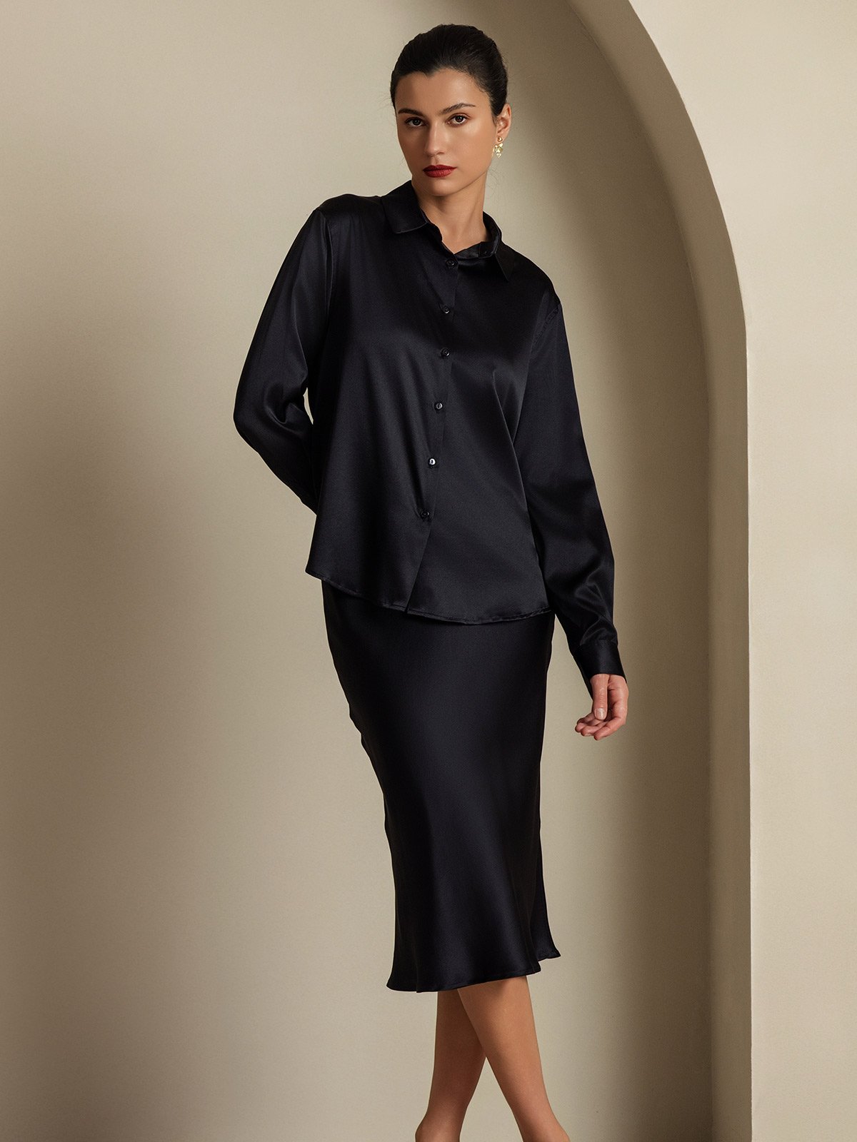 [Svart] SilkSilky-NO 19Momme Silke Womens Outfit Sets 005,