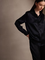 [Svart] SilkSilky-NO Long Sleeve Lapel Collar Skjorte for Kvinner 005