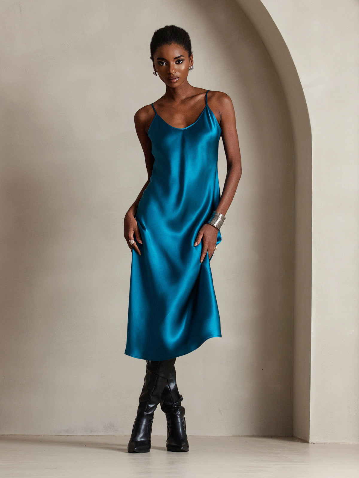 [Blågrønn] SilkSilky-NO Pure Silk Sleeveless Round Neck Kjole 006