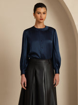 [Mørke blå] SilkSilky-NO 19Momme Long Sleeve Round Neck Bluse 001