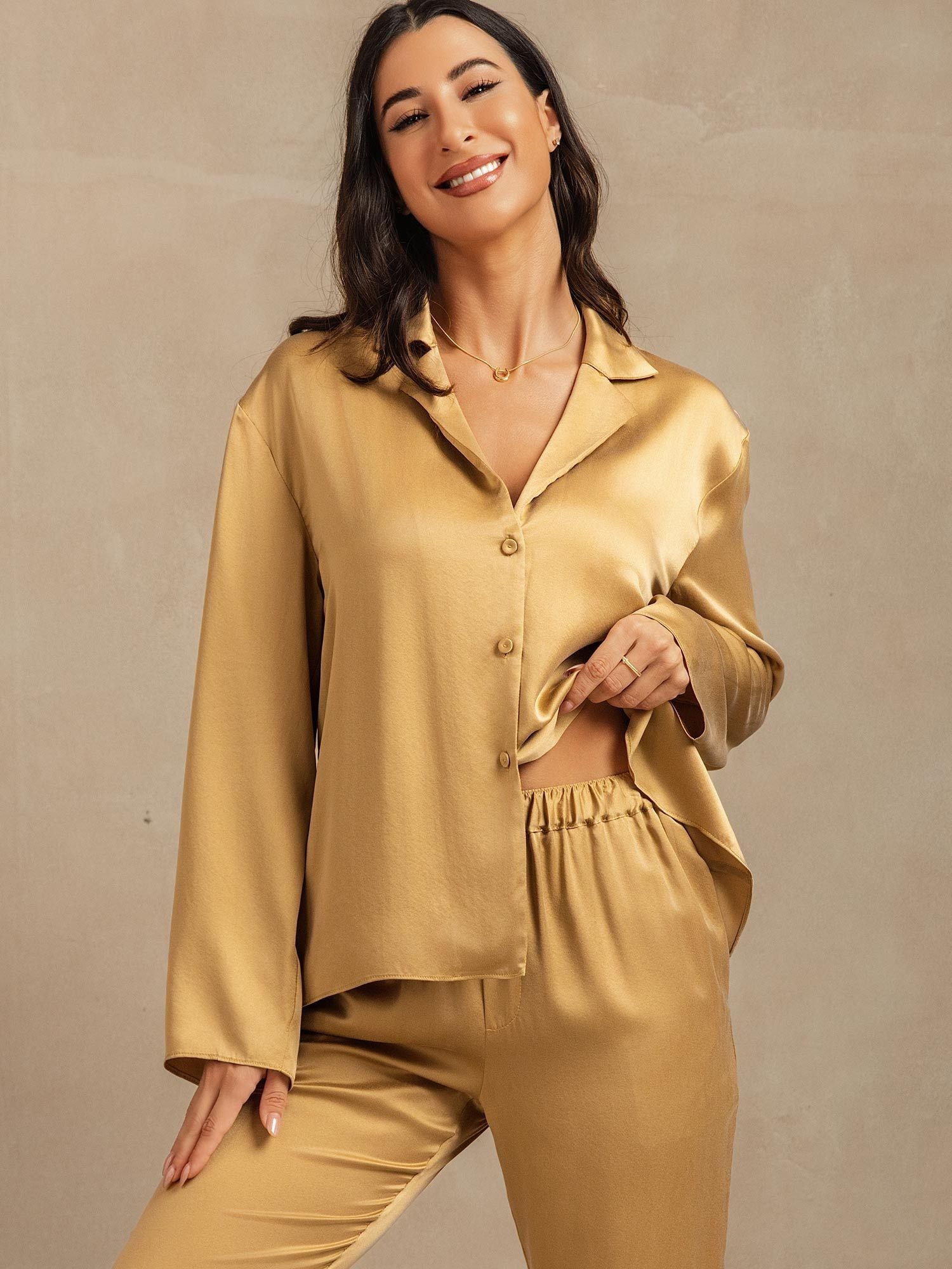 [Tan] SilkSilky-NO 19Momme Silke Womens Pajamas 007