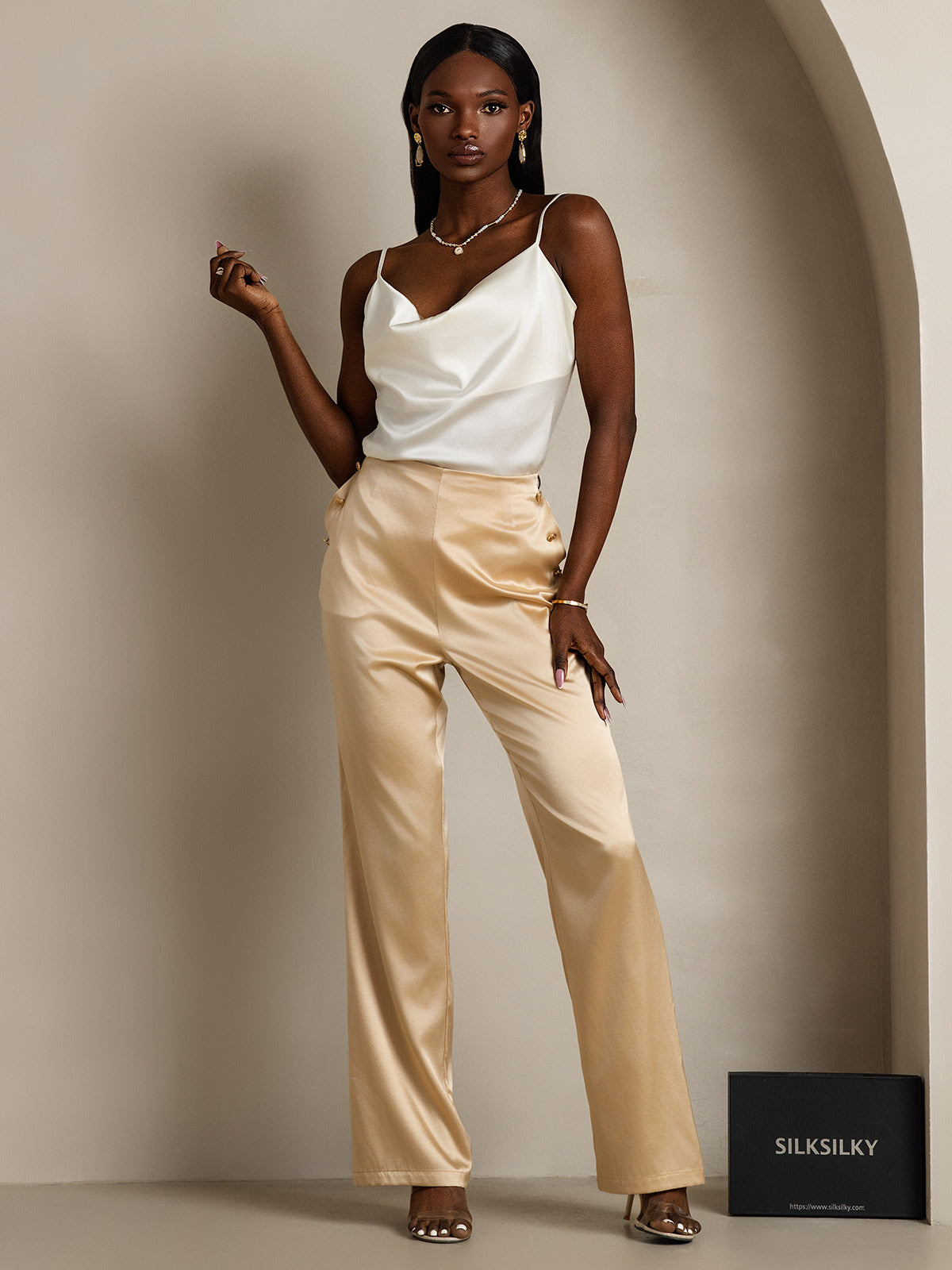 [Hvit] SilkSilky-NO 19Momme Silke Cowl Neck Camisole Topp 007