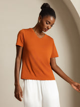 [Oransje] SilkSilky-NO Short Sleeve V Neck T-skjorte for Kvinner 003