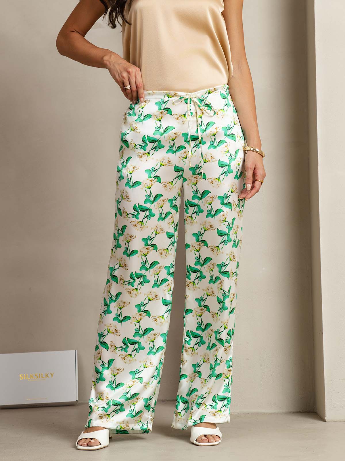[Grønn Blomster] SilkSilky-NO 19Momme Silke Womens Pants 001