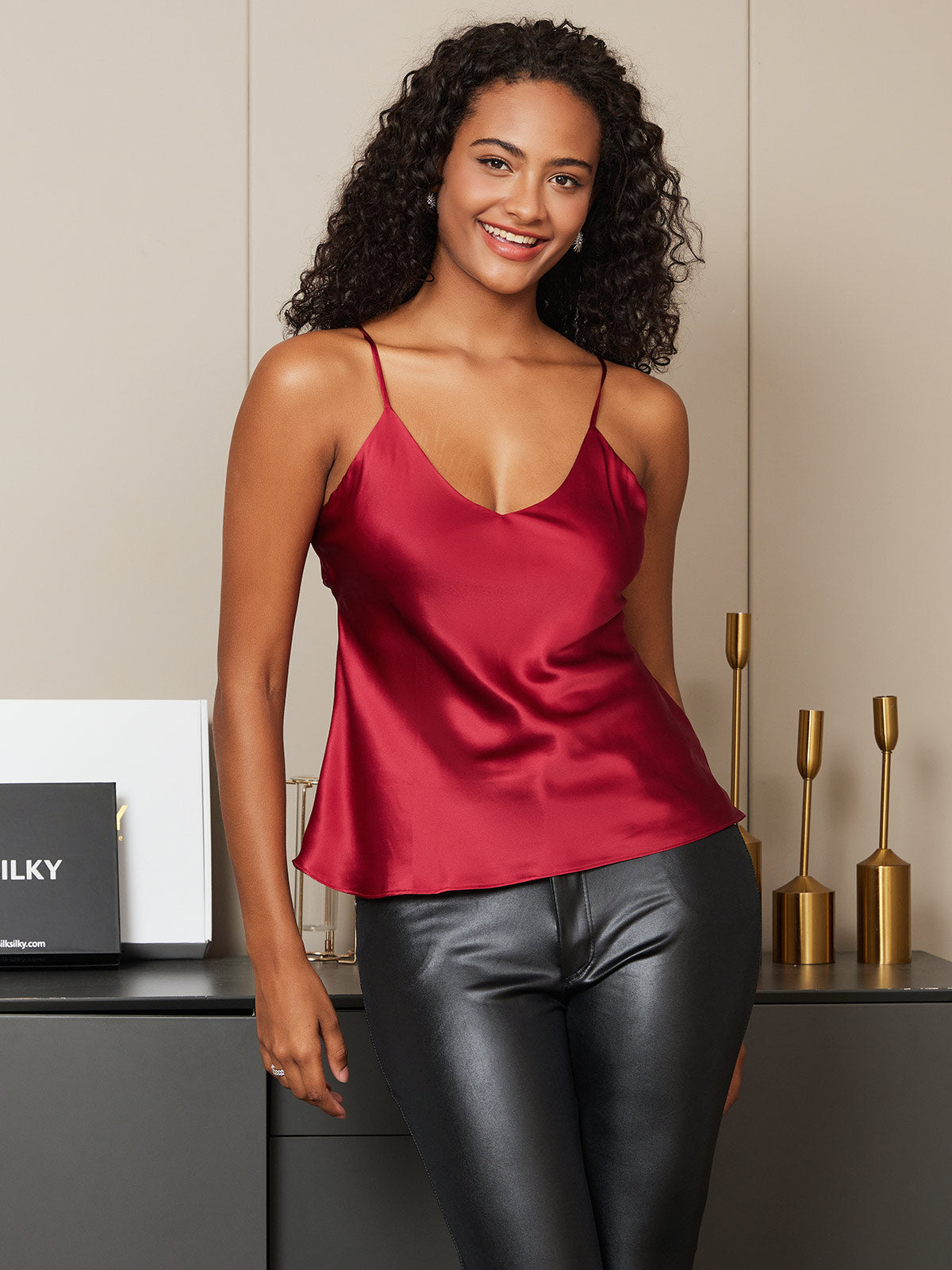 [Mørkerød] SilkSilky-NO V-Hals Camisole Topp 005
