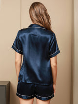 [Mørke blå] SilkSilky-NO Short Sleeve Lapel Collar Pyjamas for Kvinner 002