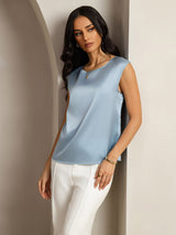 [Gråblå] SilkSilky-NO Cap Sleeve Round Neck T-skjorte for Kvinner 004