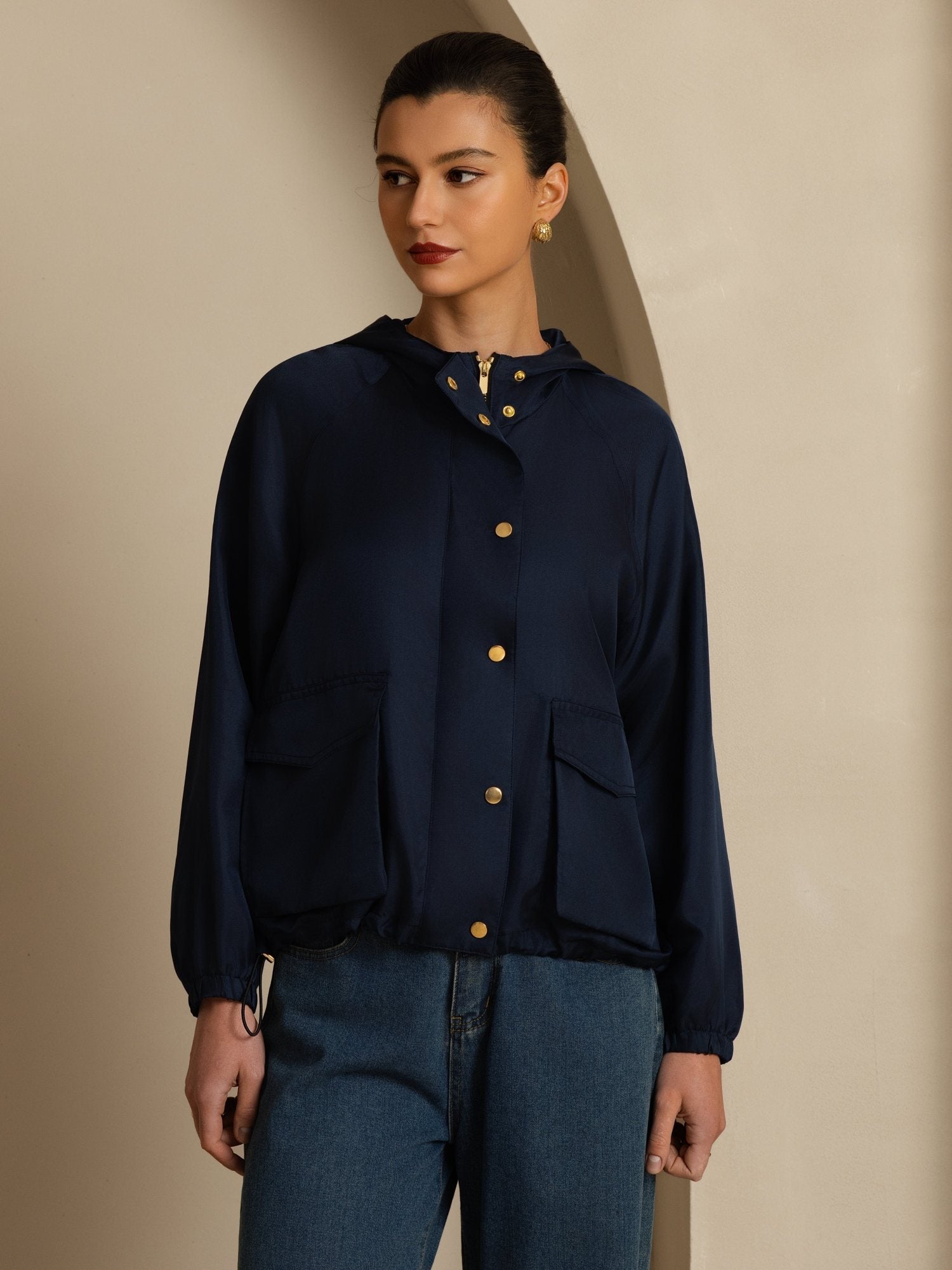 [Mørkeblå] SilkSilky-NO Langermet Høy Hals Yttertøy for Kvinner 003