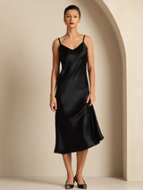 [Svart] SilkSilky-NO Spaghetti Strap V Neck Kjole 004