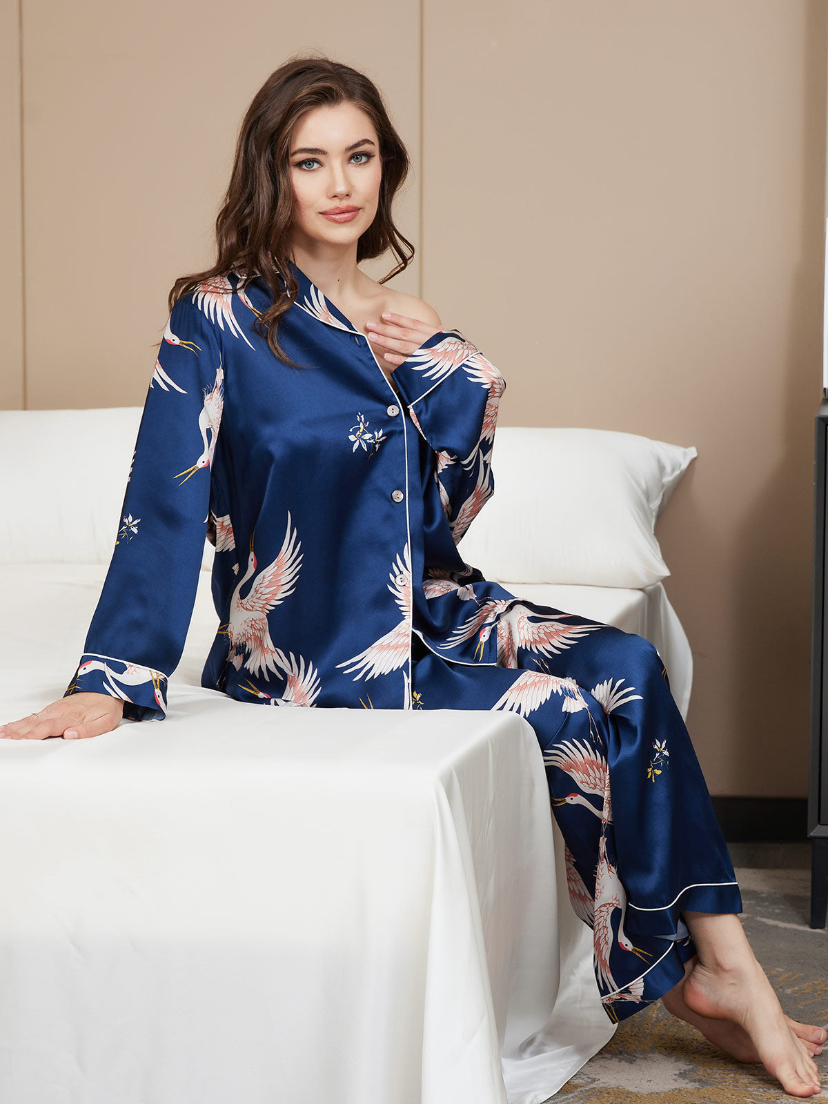 [Mørke blå] SilkSilky-NO 19Momme Womens Pajamas 006,
