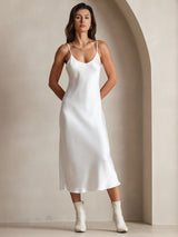 [Hvit] SilkSilky-NO Spaghetti Strap V Neck Kjole 003