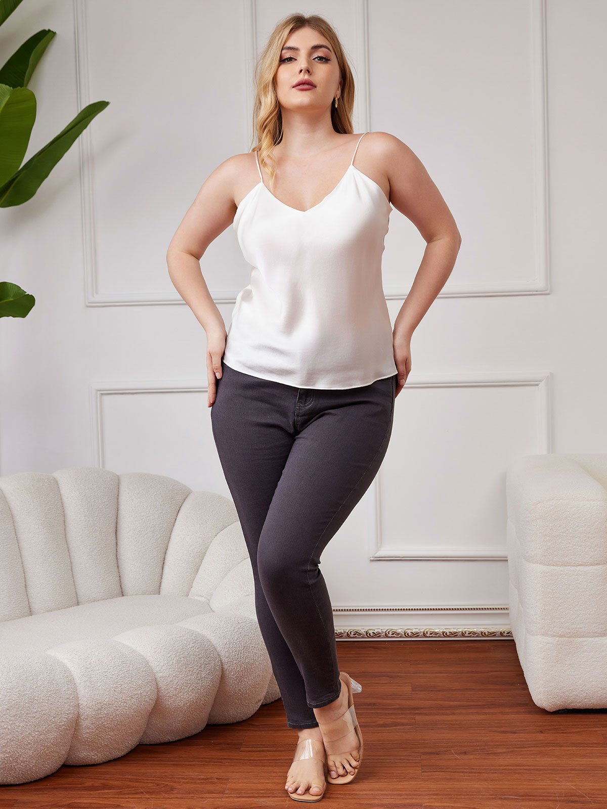 [Hvit] SilkSilky-NO Pure Silk V-Hals Plus Size Camisole Top 005