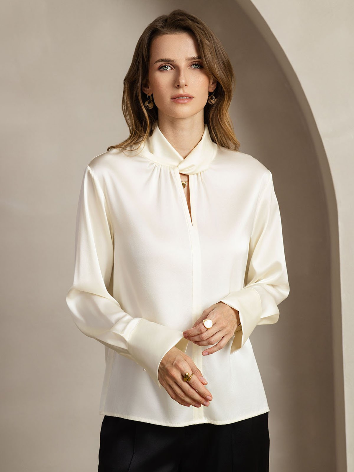 [Elfenbein] SilkSilky-NO 19Momme Silke Womens Shirt 004