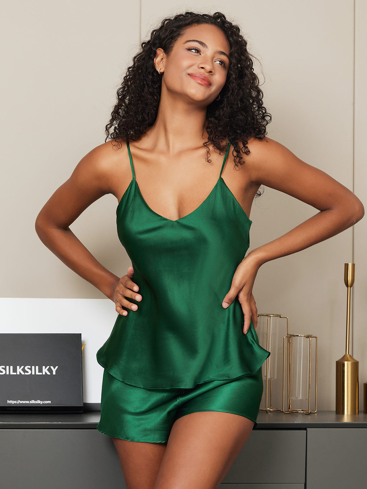 [Grønn] SilkSilky-NO Spaghetti Stropp V Hals Camisole sett 002
