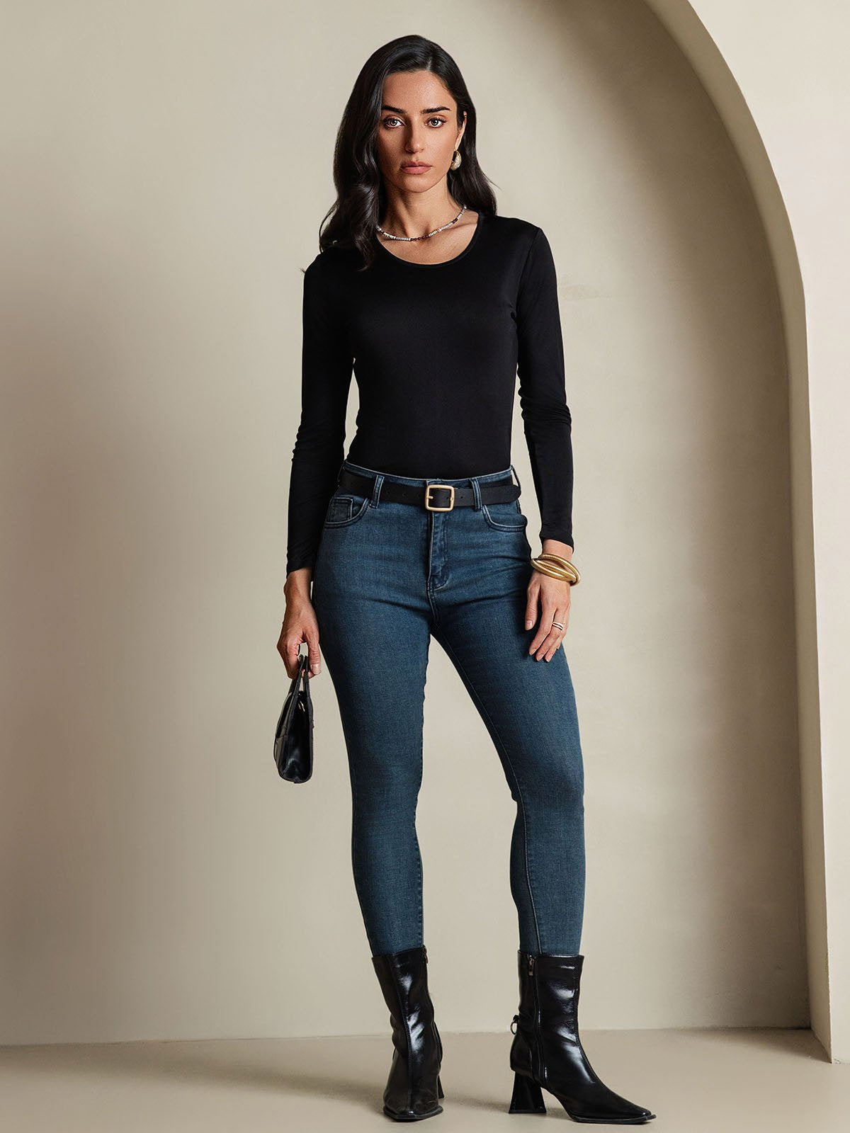 [Svart] SilkSilky-NO Silke Long Sleeve Round Neck T-skjorte for Kvinner 006