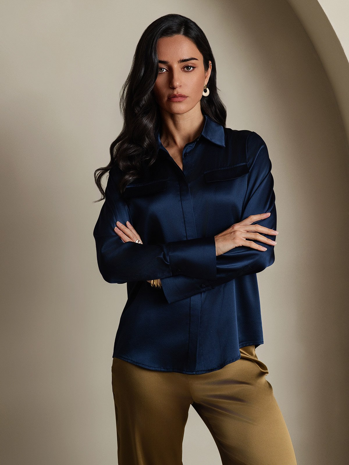 SilkSilky-NO 19Momme Silke Womens Shirt Mørkeblå 005