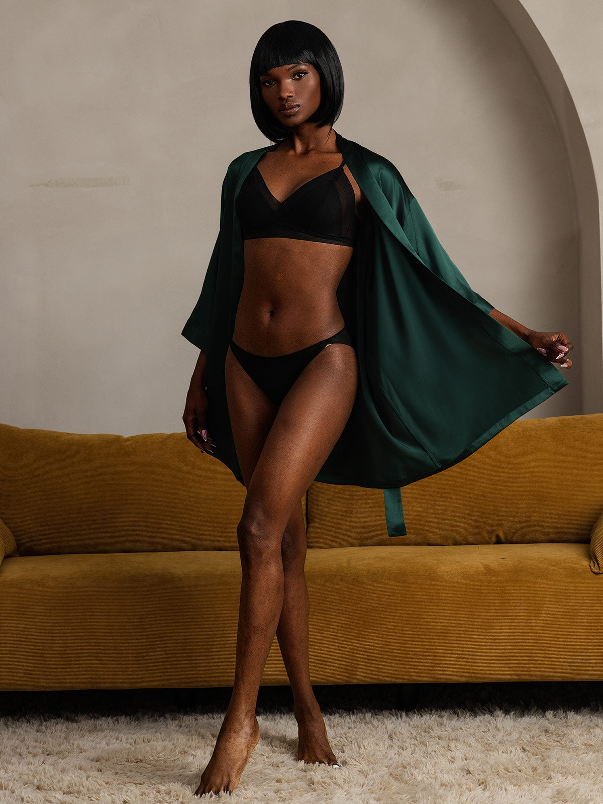 [Mørk Grønn] SilkSilky-NO Pure Silk Half Sleeve Womens Robe 007