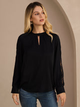 [Svart] SilkSilky-NO Long Sleeve Keyhole Neck Damebluser 003
