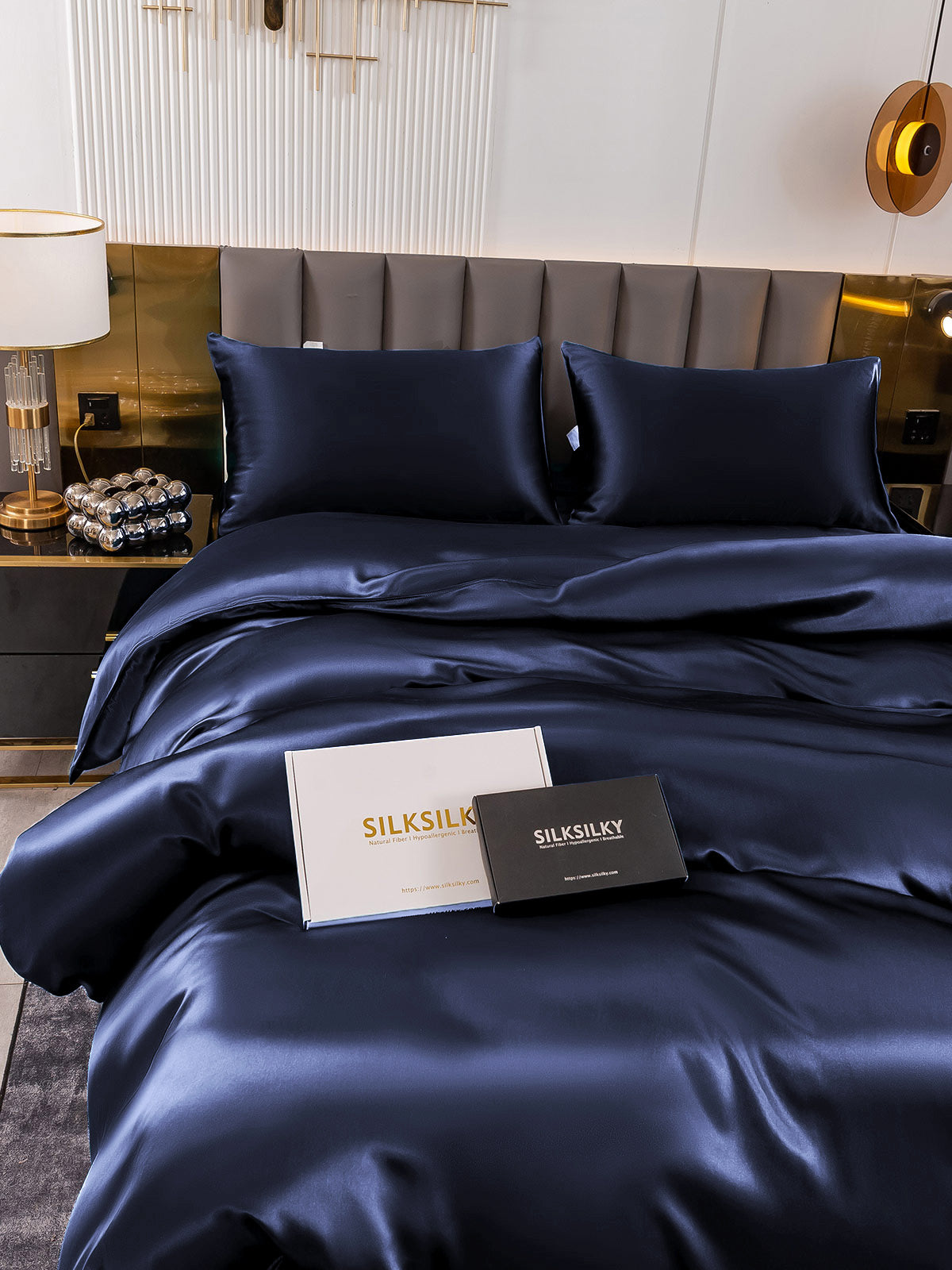 [Mørke blå] SilkSilky-NO 19Momme Bedding Set 006