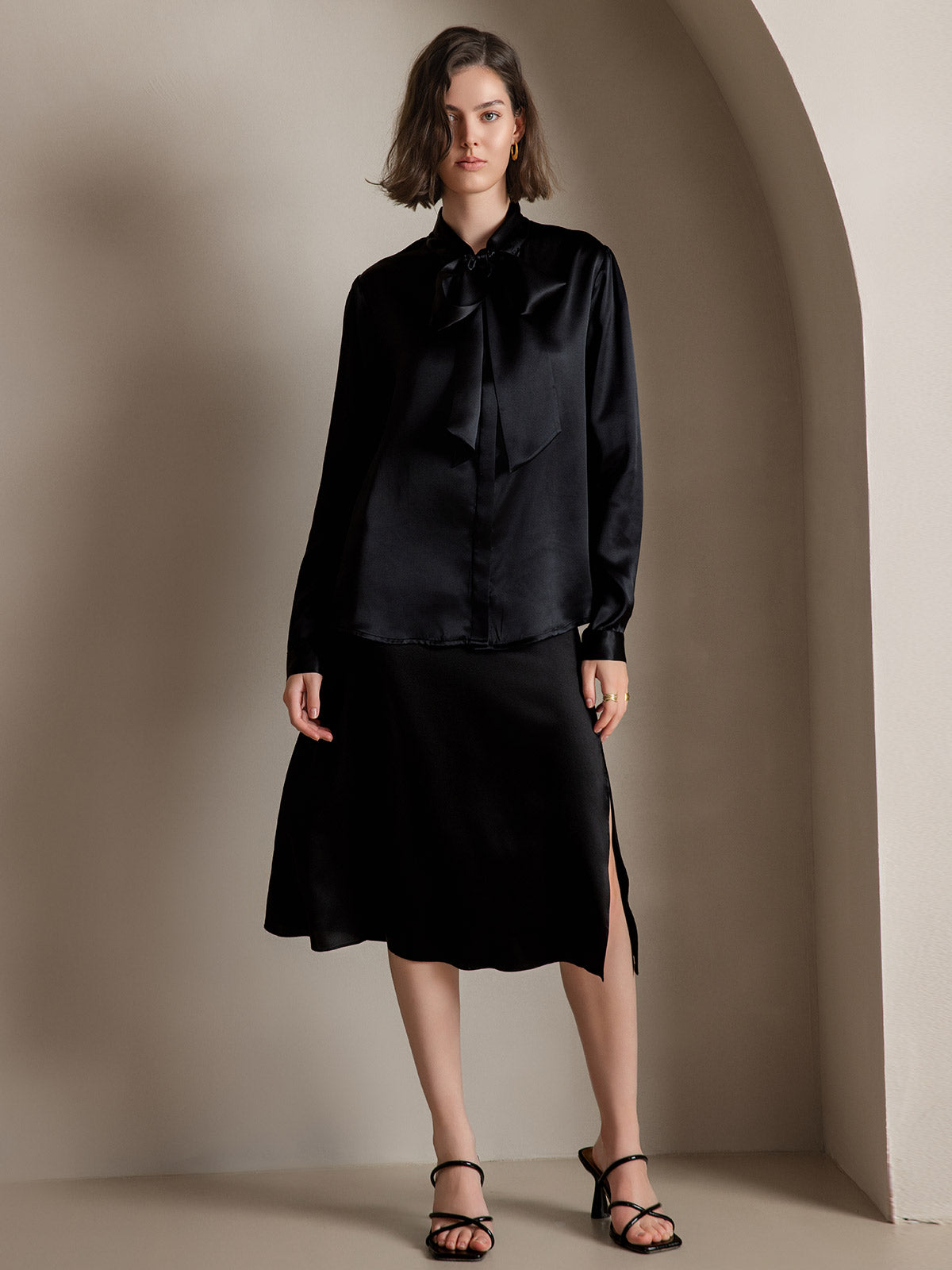 [Svart] SilkSilky-NO 19Momme Silke Long Sleeve Tie Neck Skjorte for Kvinner 004