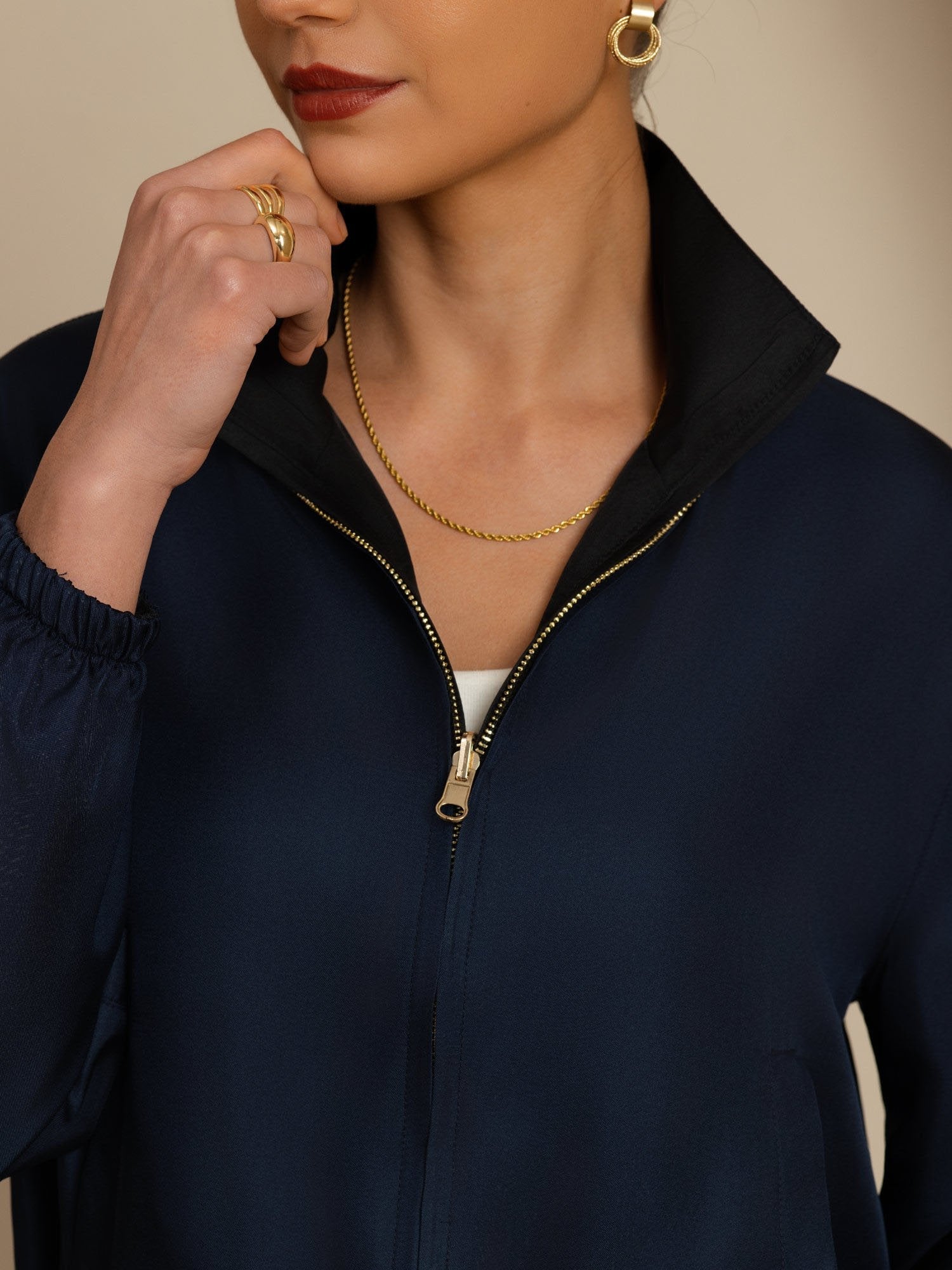 [Svart+Mørkeblå] SilkSilky-NO 18Momme Langermet Ståkrave Yttertøy for Kvinner 006