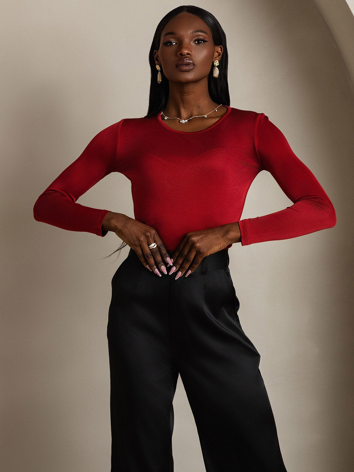 [Vin] SilkSilky-NO Silke Long Sleeve Round Neck T-skjorte for Kvinner 005