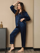 [Mørke blå] SilkSilky-NO Long Sleeve Lapel Collar Pyjamas for Kvinner 006