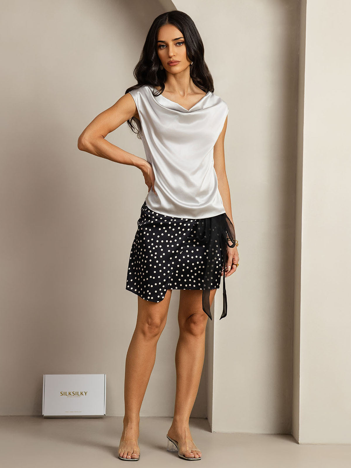[Sølv] SilkSilky-NO 19Momme Silke Cowl Neck T-skjorte for Kvinner 003