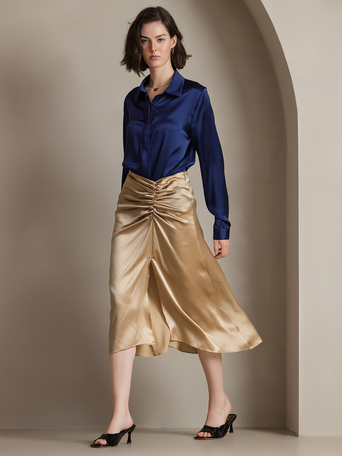 [Mørke blå] SilkSilky-NO 19Momme Silke Lapel Collar Skjorte for Kvinner 006