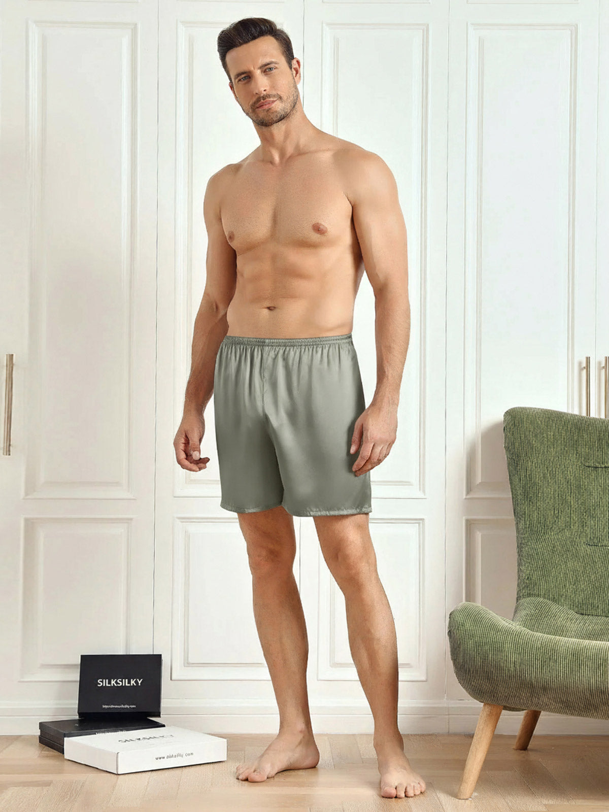 [Grågrønn] SilkSilky-NO 19Momme Mens Sleep Bottoms 004