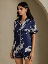 [Marineblå Gepard] SilkSilky-NO Short Sleeve Notch Collar Pyjamas for Kvinner 003