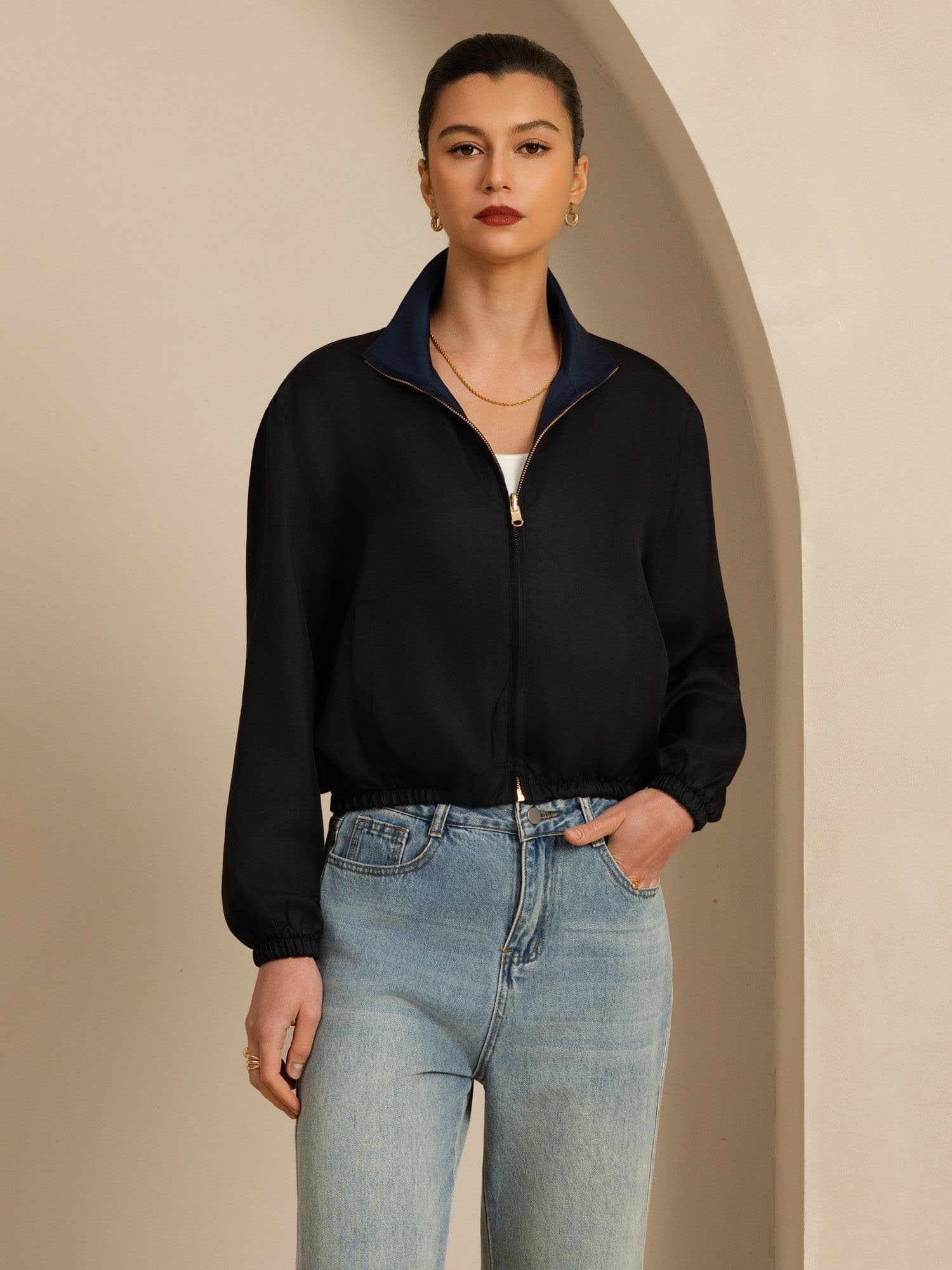 [Svart+Mørkeblå] SilkSilky-NO 18Momme Langermet Ståkrave Yttertøy for Kvinner 005