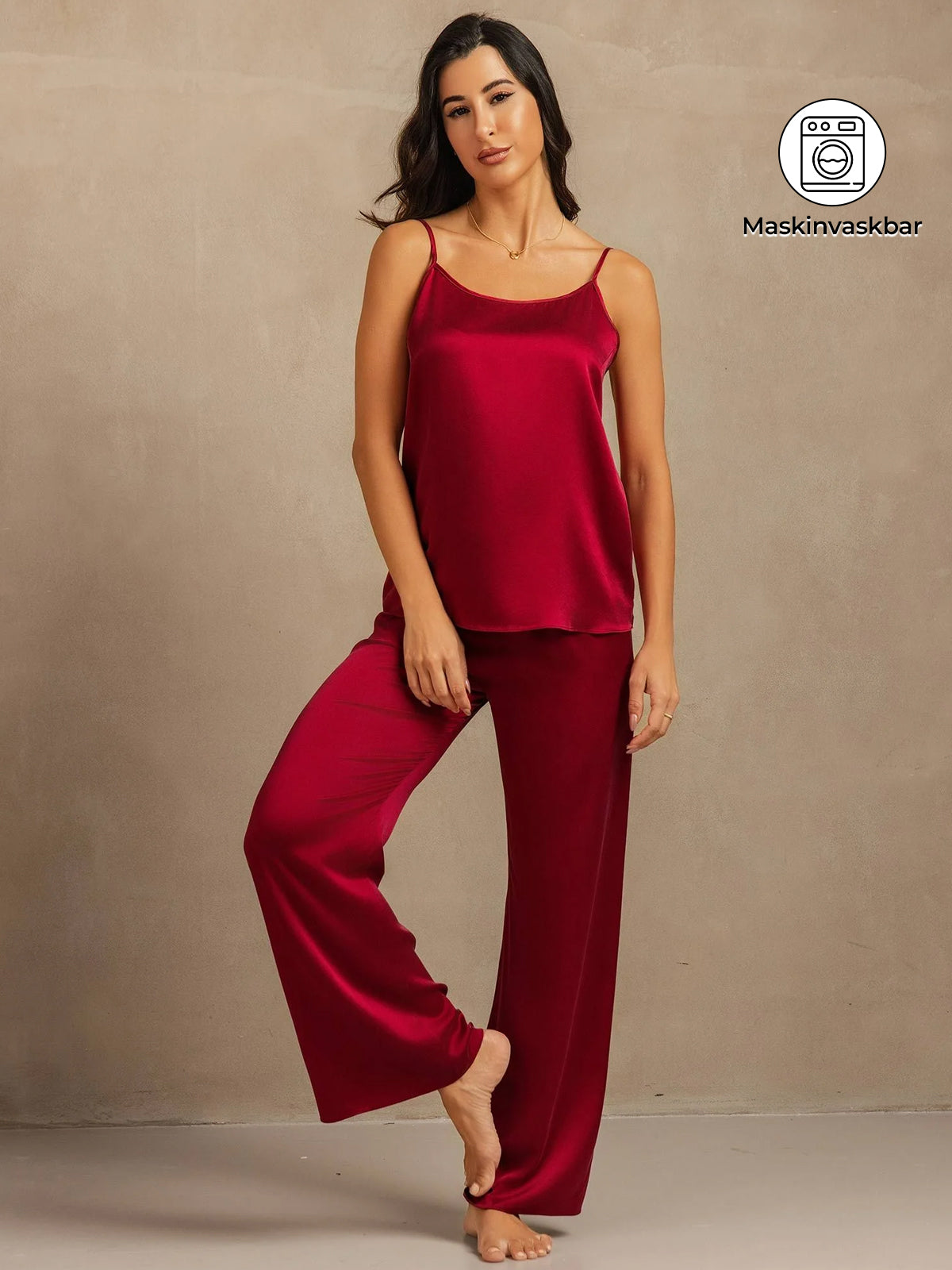 19Momme Vaskbar Silke Spaghettistropp Topp & Vide Bukser Set