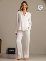 [Hvit] SilkSilky-NO 19Momme Langermet Notchkrage Pyjamas for Kvinner 001