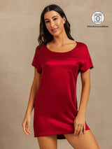 [Vin] SilkSilky-NO 19Momme Kort erm Rund Hals Nattkjole 001