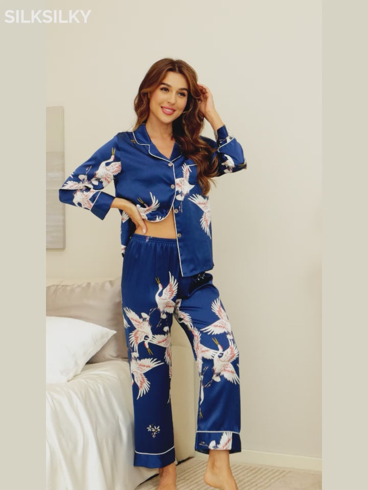 SilkSilky-NO 19Momme Pure Silk Long Sleeve Lapel Pyjamas for Kvinner-video-001