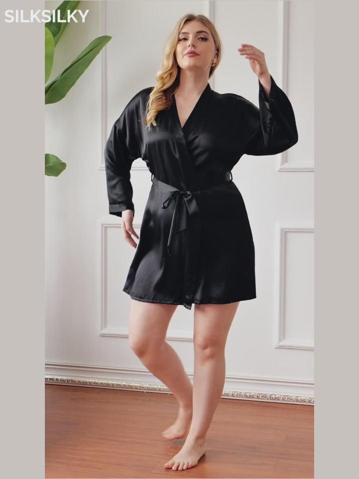 SilkSilky  Pure Silk Long Sleeve Deep V Neck Plus Size Robe video 001