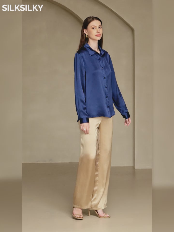 SilkSilky-NO 19Momme Silke Lapel Collar Skjorte for Kvinner video 001