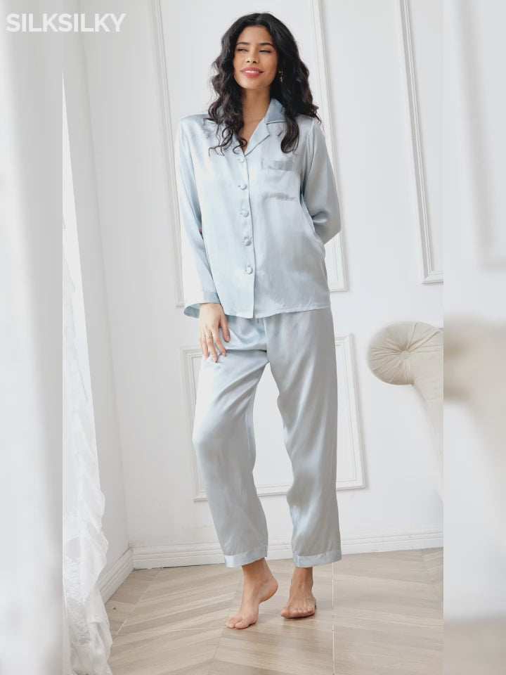 SilkSilky-NO Pure Silk Long Sleeve Lapel Pyjamas for Kvinner-video-001