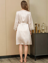 [Elfenbein] SilkSilky-NO Pure Silk 3/4 Sleeve Womens Robe 003