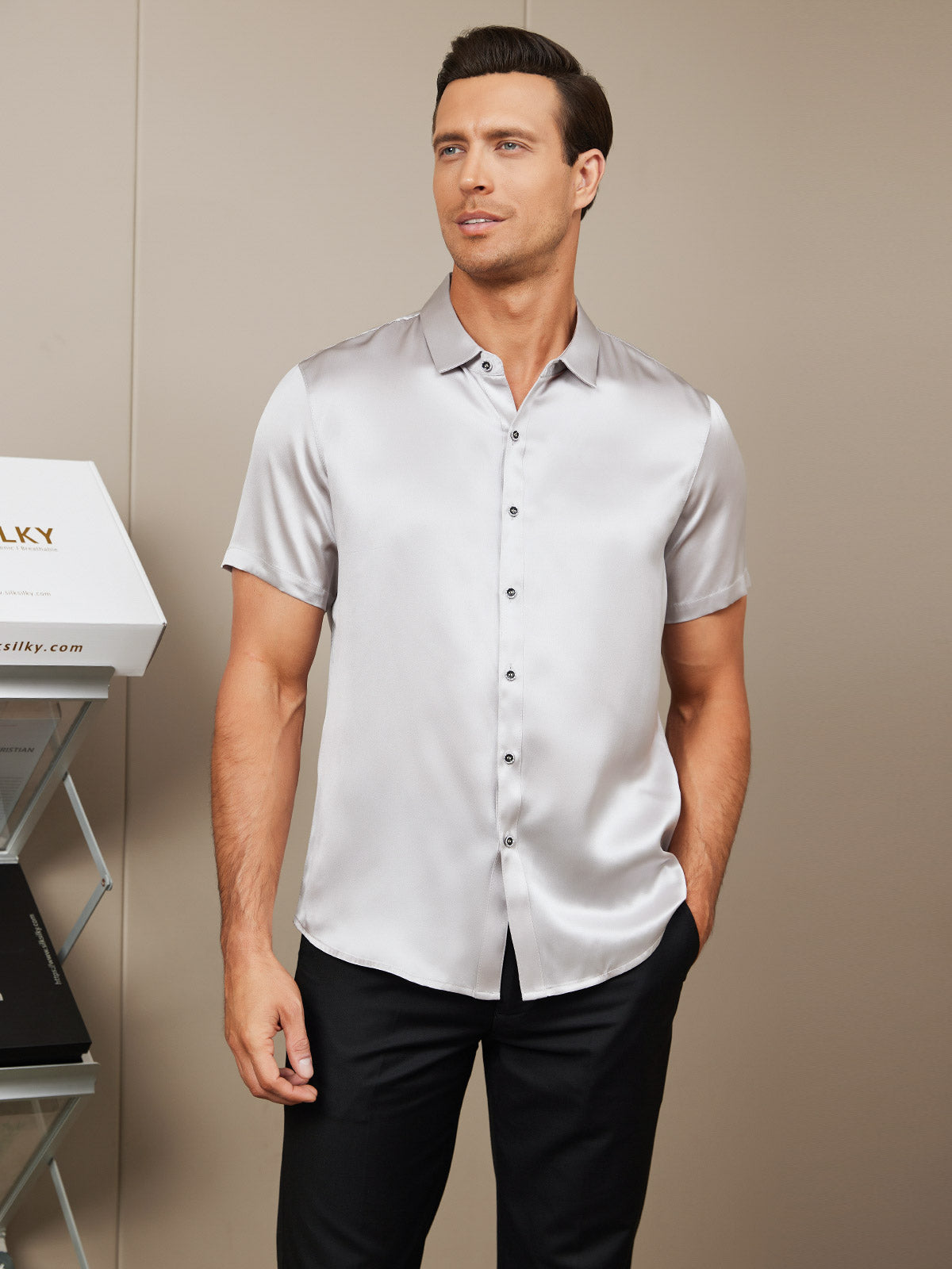 [Sølv] SilkSilky-NO Silke Short Sleeve Collar Skjorte for Menn 005