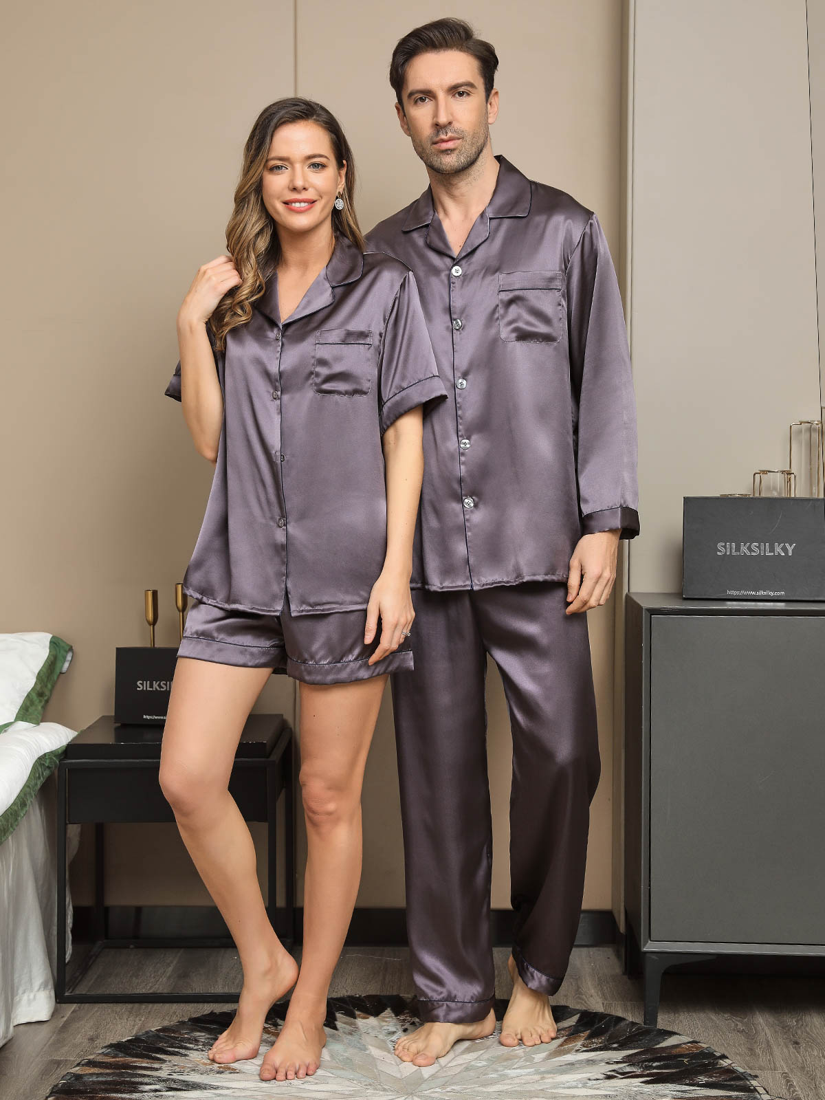 [Lilla Grå] SilkSilky-NO Pure Silk Long Sleeve Couple 001