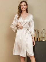 [Elfenbein] SilkSilky-NO Pure Silk 3/4 Sleeve Womens Robe 001