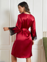 [Mørkerød] SilkSilky-NO Pure Silk 3/4 Sleeve Womens Robe 002