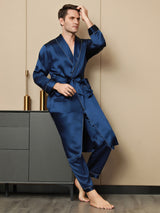 [Mørke blå] SilkSilky-NO Pure Silk Long Sleeve Lapel Morgenkåpe for Menn 005